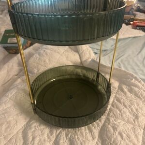 Two-Tier Green Glass Tray with Gold Accents